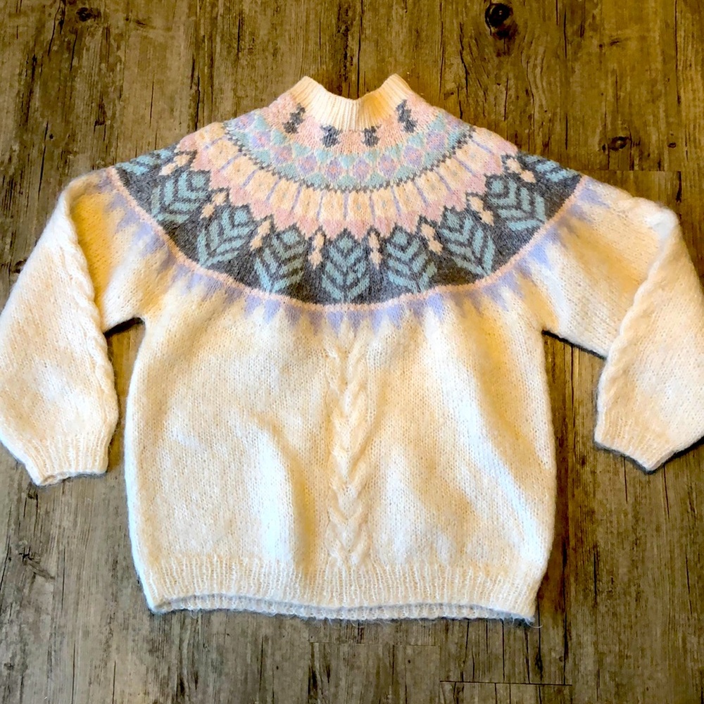 Vintage cable knit fair isle mohair angora sweater